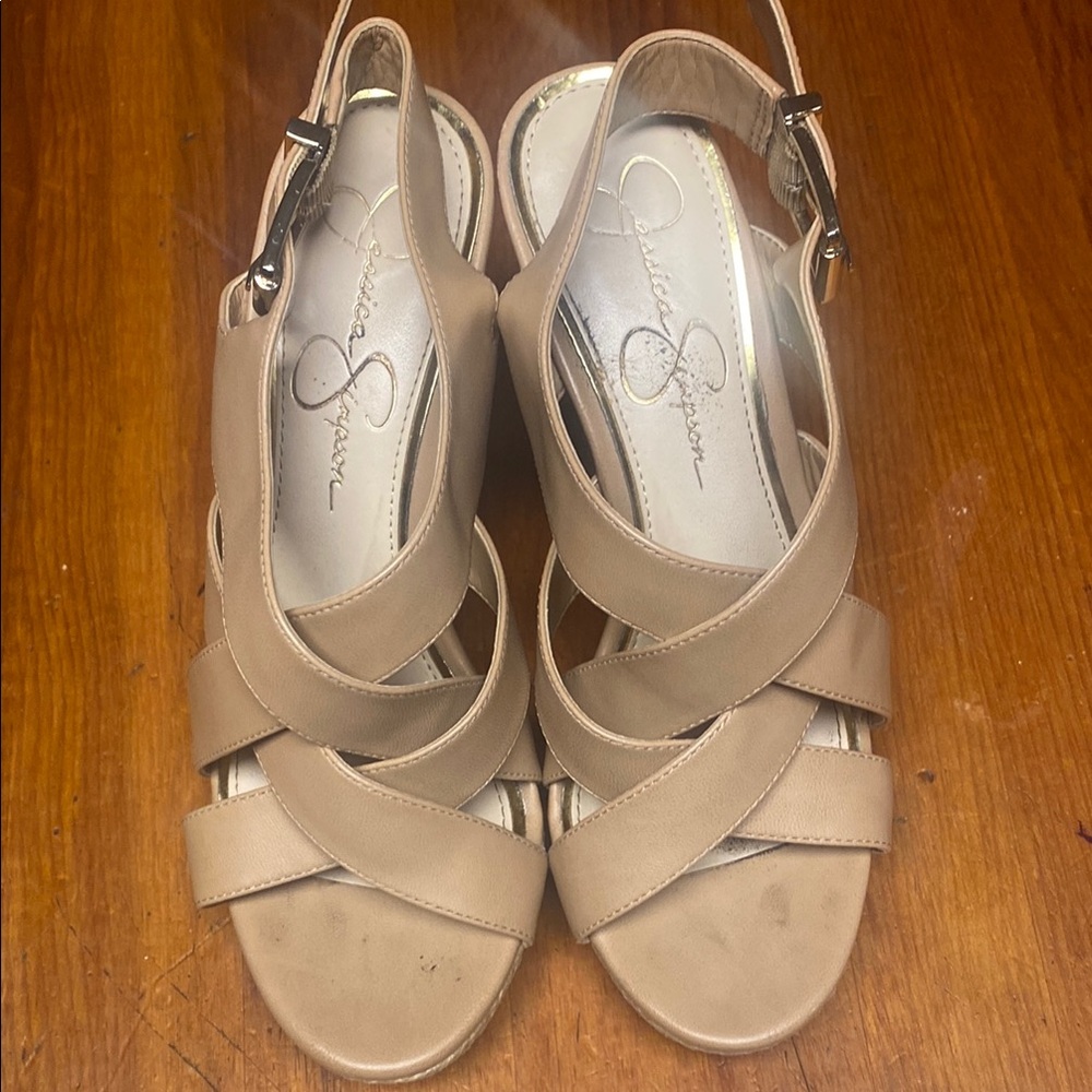 Jessica Simpson Beige Strappy Wedge Heels